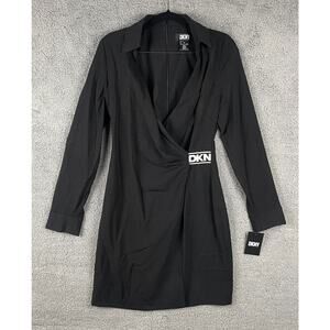 DKNY Women's US2 Black White 100% Polyester Long Sleeve Side Tie Mini Shirtdress